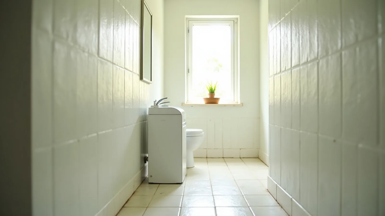 A bright airy bathroom with the window cracked open and a small dehumidifier running on the tiled floor