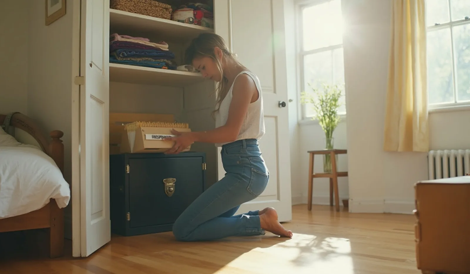 A person kneeling in profile at an open closet in a sunlit guest room, sliding a labeled accordion folder onto a shelf beside a small black fireproof document box