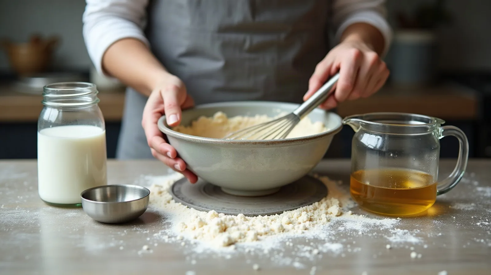 Whisking batter beside measured substitute ingredients
