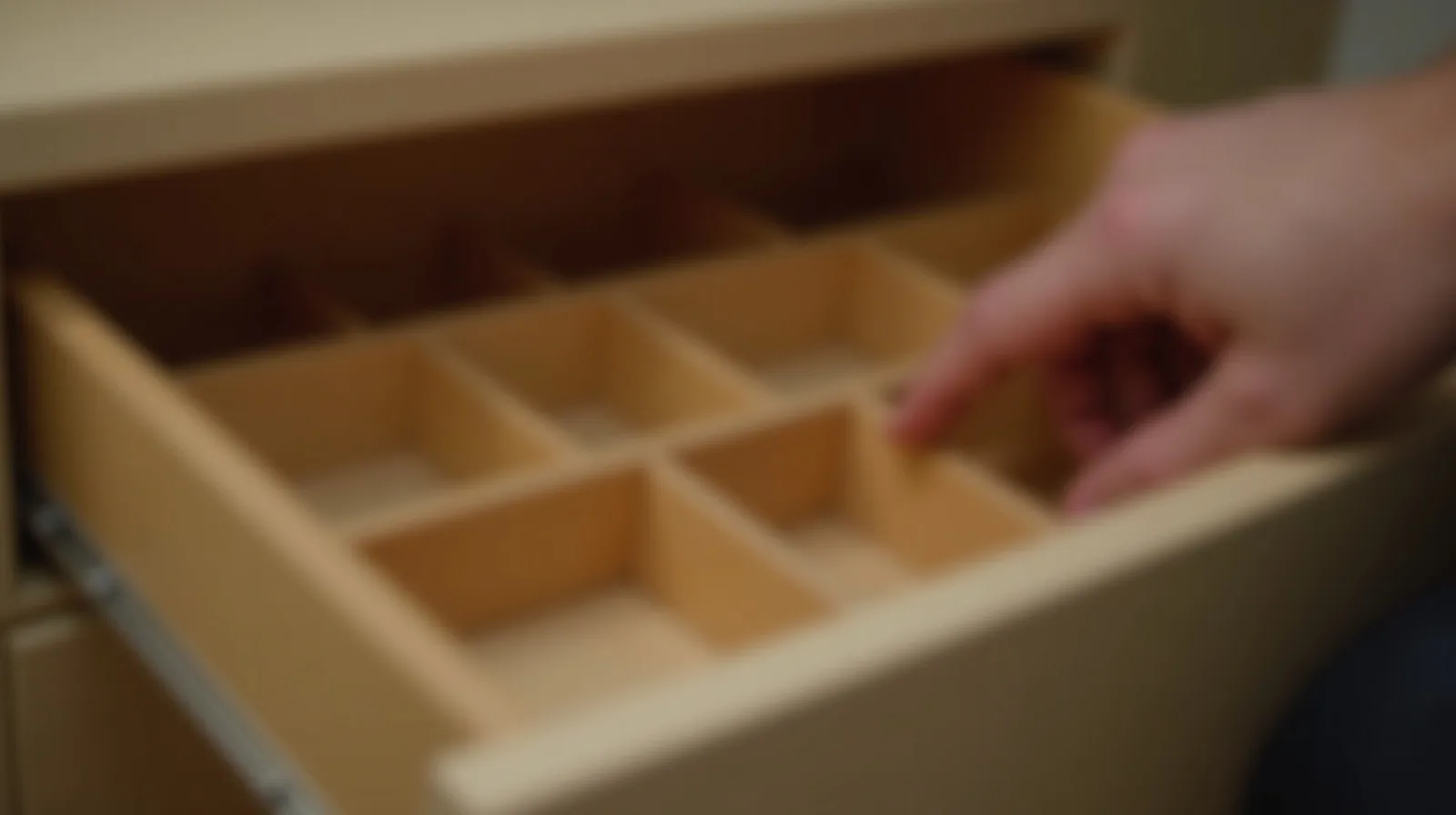 A close-up of drawer dividers being placed into an empty drawer to create compartments