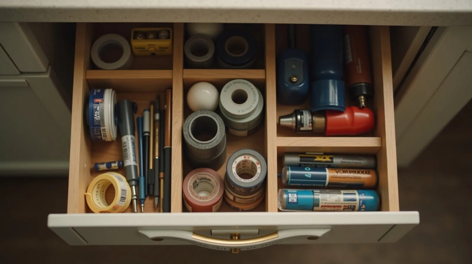 An open kitchen drawer neatly divided into compartments holding tape, pens, batteries, and small tools