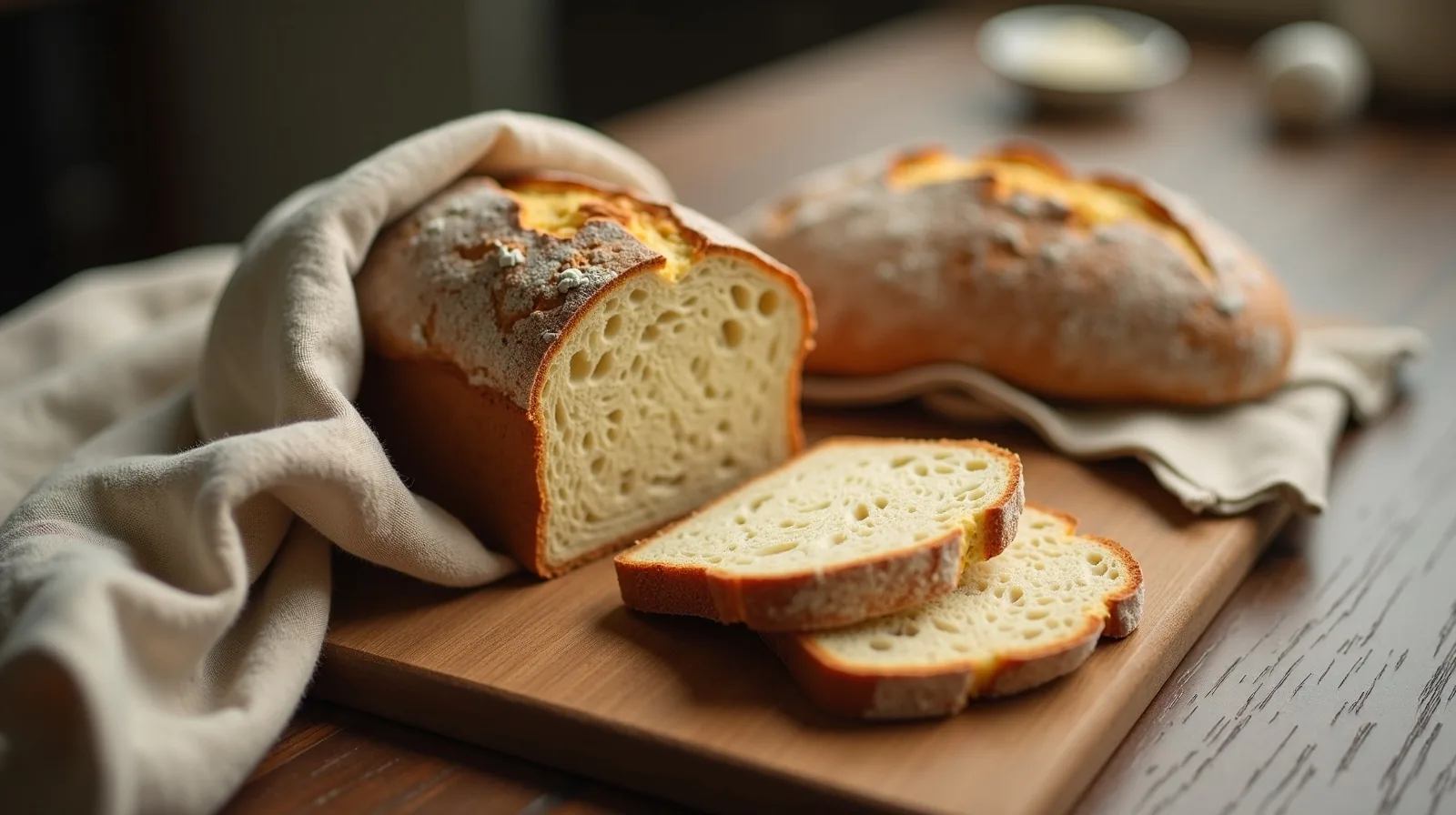 A close-up of a crusty loaf of bread partly sliced on a wooden board with a cloth bag beside