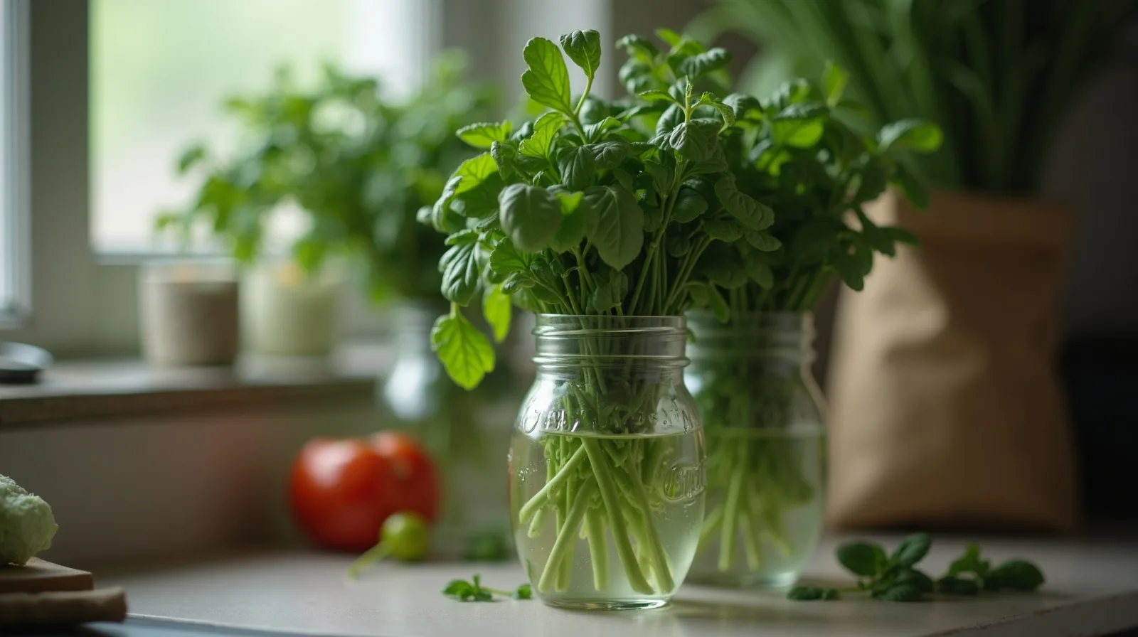 A bunch of leafy herbs standing upright in a jar of water on a counter