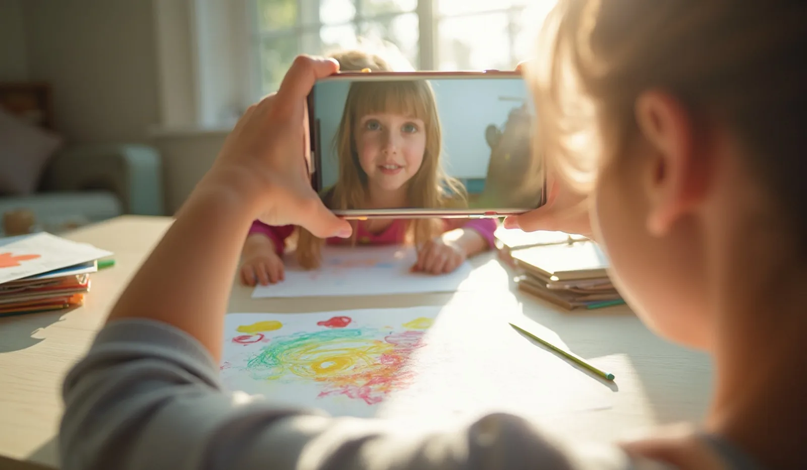 Over the shoulder of a parent photographing a child&rsquo;s crayon drawing laid flat on a bright table, with a small stack of other artwork beside it