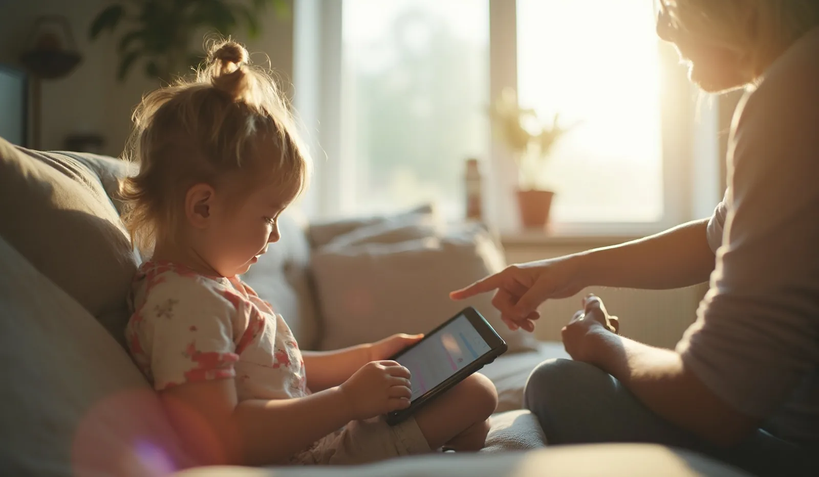 A young child on a bright couch using a tablet while a parent sits beside pointing at the screen, seen over the shoulder
