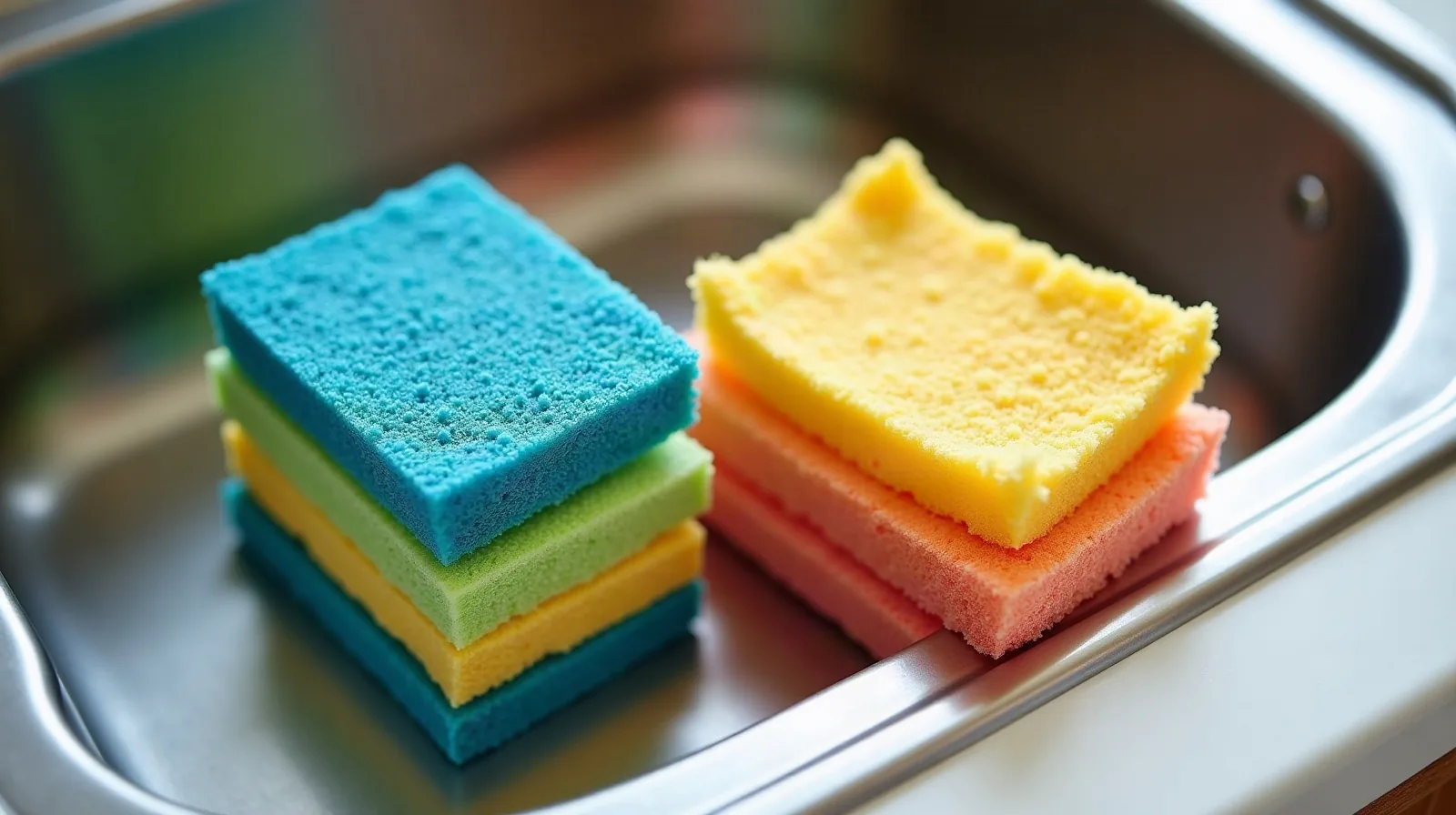 A person cropped from the shoulders down at a sunlit kitchen sink, wringing out a bright yellow sponge over a stack of clean plates in the drying rack, morning light through the window above the sink, a bottle of dish soap resting on the edge of the basin