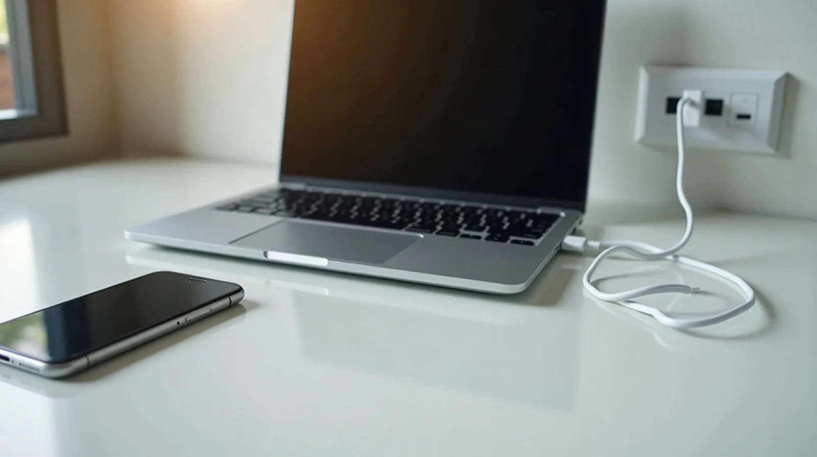 A laptop charging on a desk