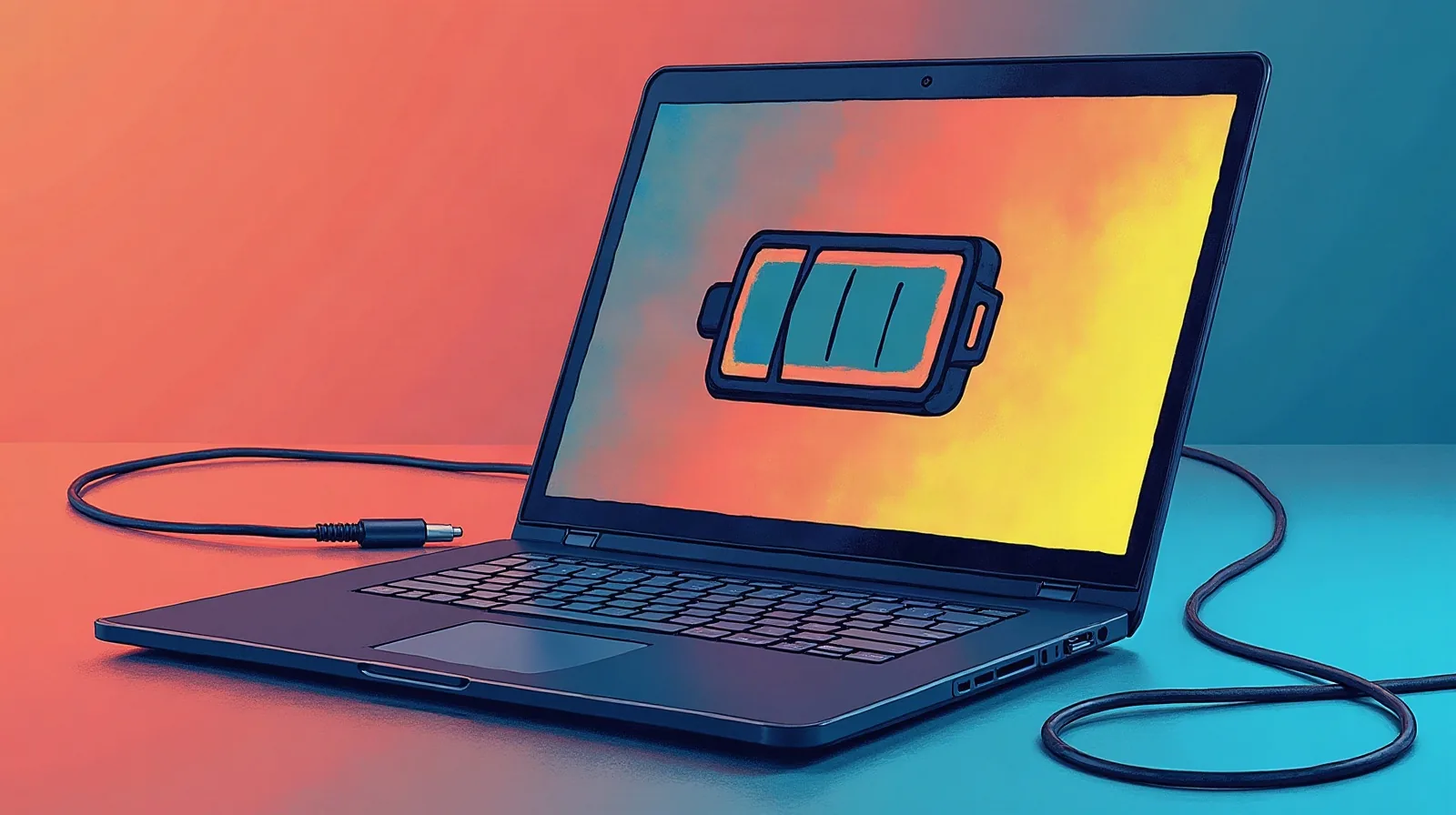 A hand closing a laptop lid on a sunlit home-office desk in the morning, a coffee mug and an open notebook resting nearby, a charging brick trailing to a wall outlet in the soft-focus background