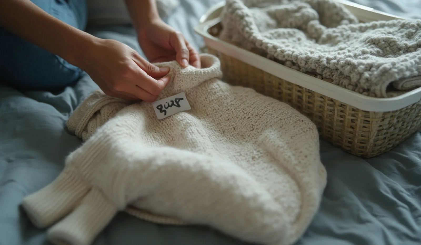 Hands turning out the care tag on a folded knit sweater beside a laundry basket