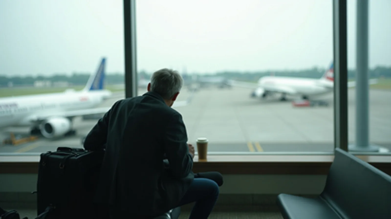 A traveler seated by a large airport window with a bag and coffee during a layover