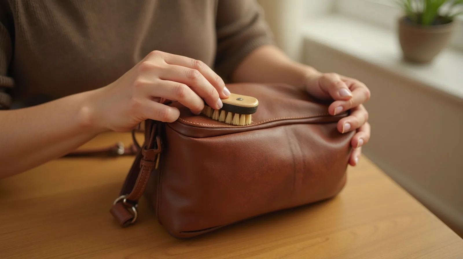 A close-up of hands buffing a worn brown leather bag with a soft brush on a bright wooden table