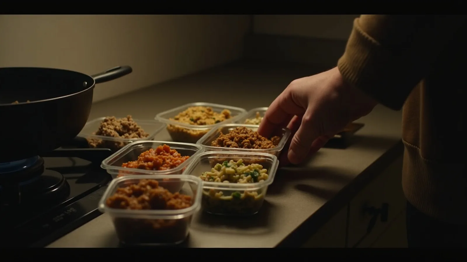 Assorted small containers of leftover vegetables and grains open on a counter beside a hot pan