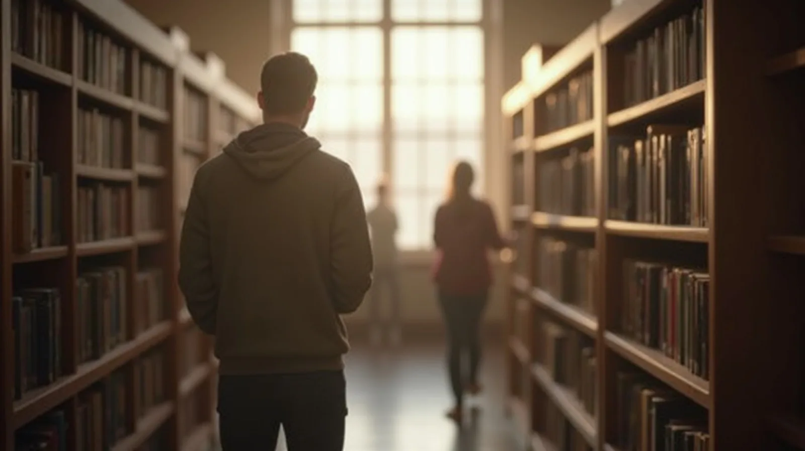 A person browsing tall library shelves, pulling a book, in bright natural light