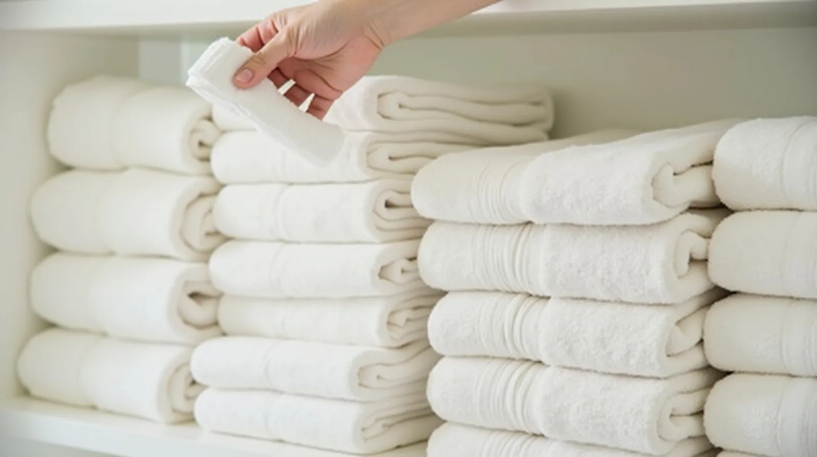 A close-up of neatly folded towels and sheet sets stacked in tidy columns on the shelves of a bright linen closet, with a hand placing a folded sheet on a stack