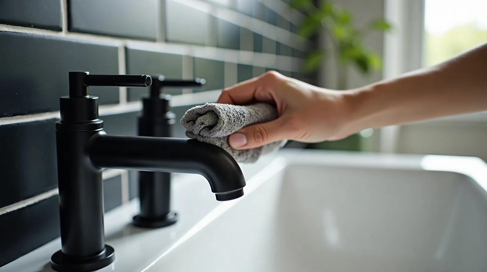 A close-up of a hand buffing a matte black bathroom faucet dry with a small towel, a few water beads still visible on a dark tile backsplash behind it