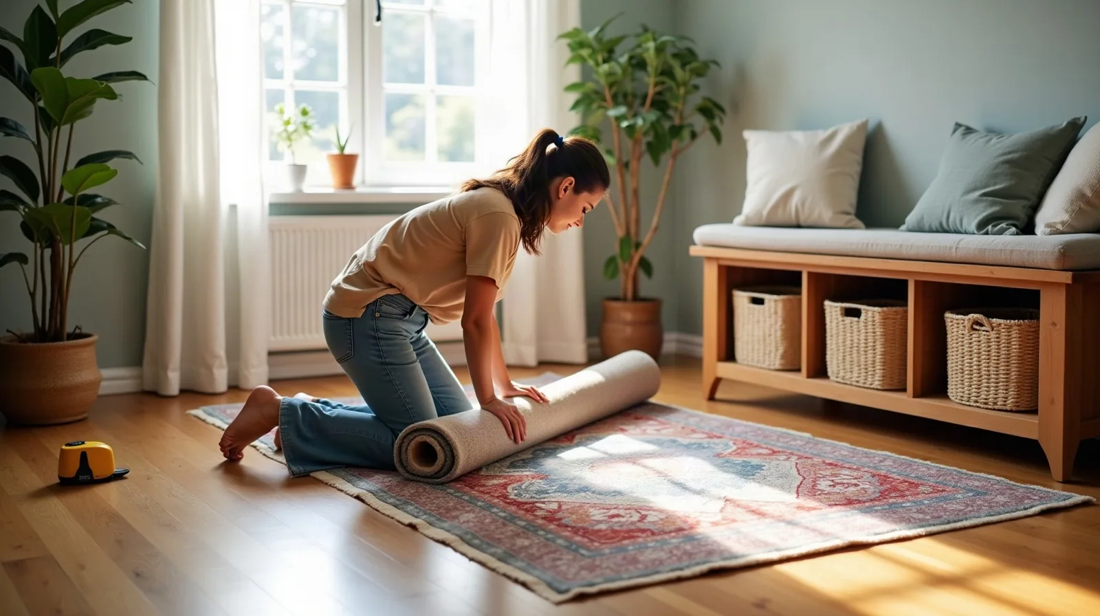 A person in profile in a sunlit family room, unrolling a patterned area rug over the hardwood floor beside a low wooden storage bench stacked with woven baskets, a rug pad and tape measure resting nearby