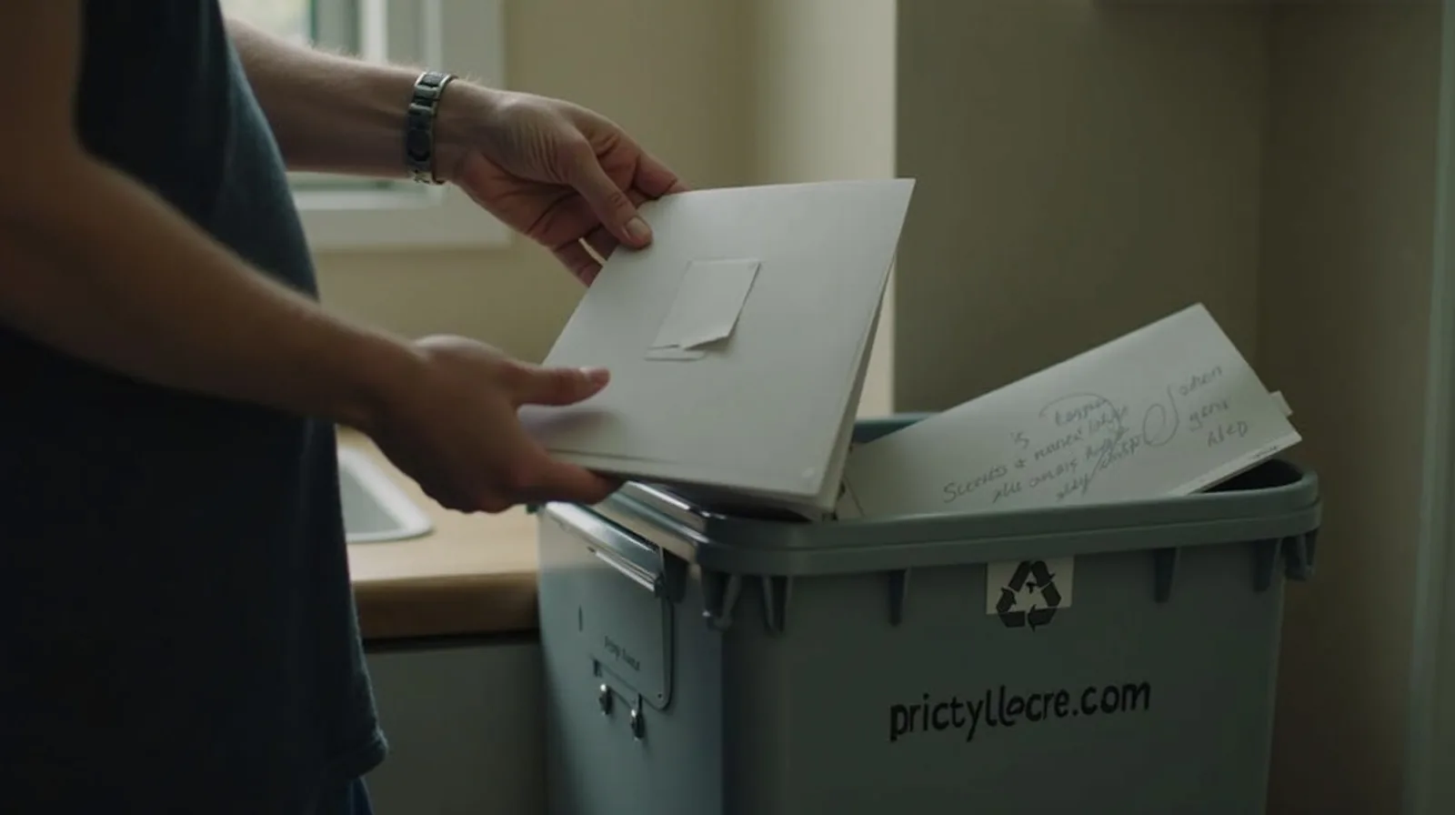 A person sorting a handful of mail over an open recycling bin at a kitchen counter