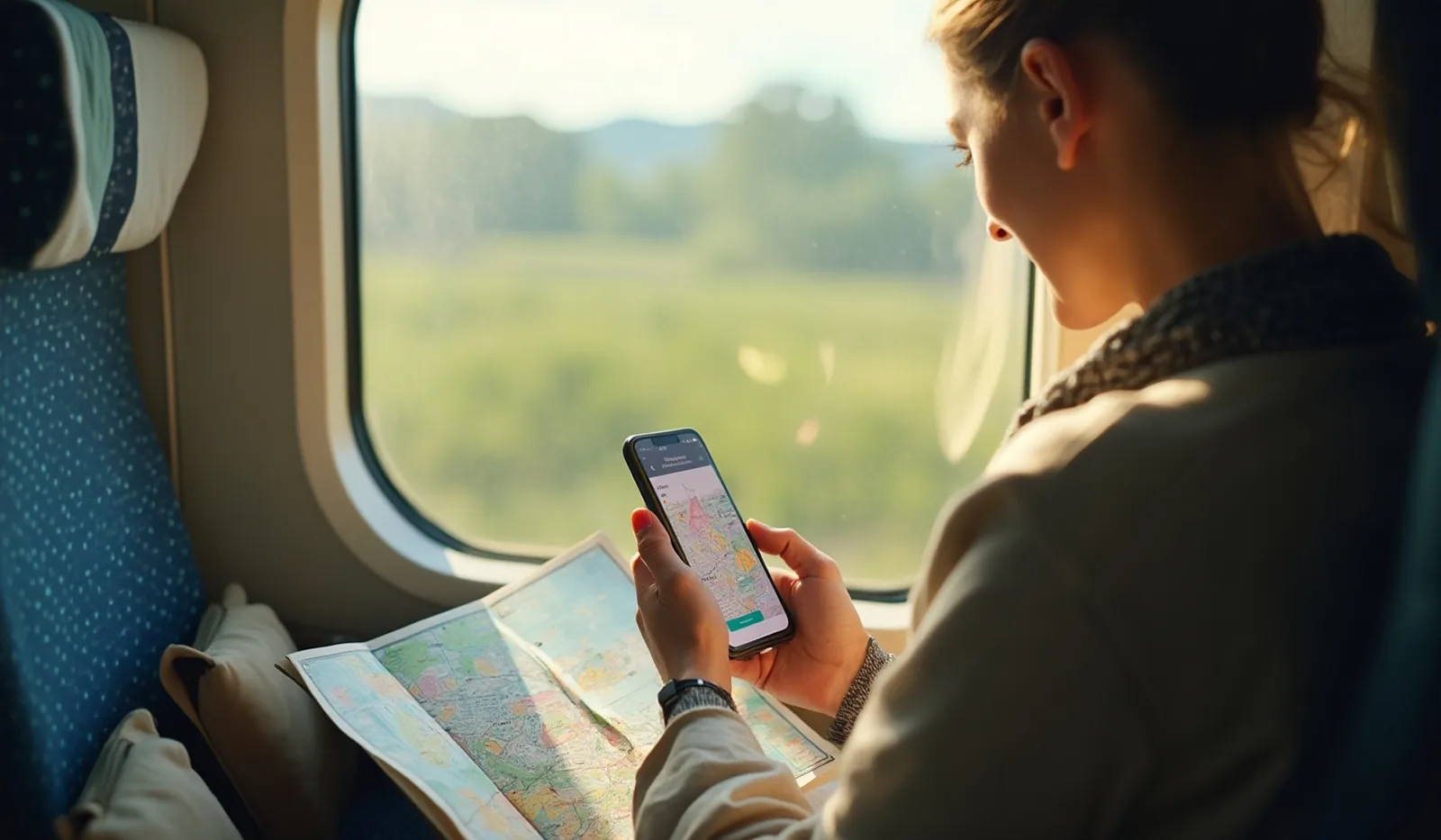A traveler seen in profile on a sunlit train, glancing between a phone glowing with a map view and a paper city map spread open on the fold-down tray, a canvas travel bag resting on the seat beside them