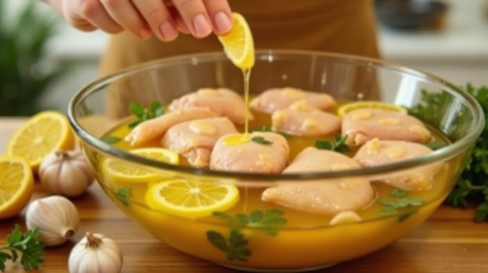 A close-up of raw chicken pieces in a glass bowl of marinade with lemon halves, garlic, and herbs, a hand drizzling in oil