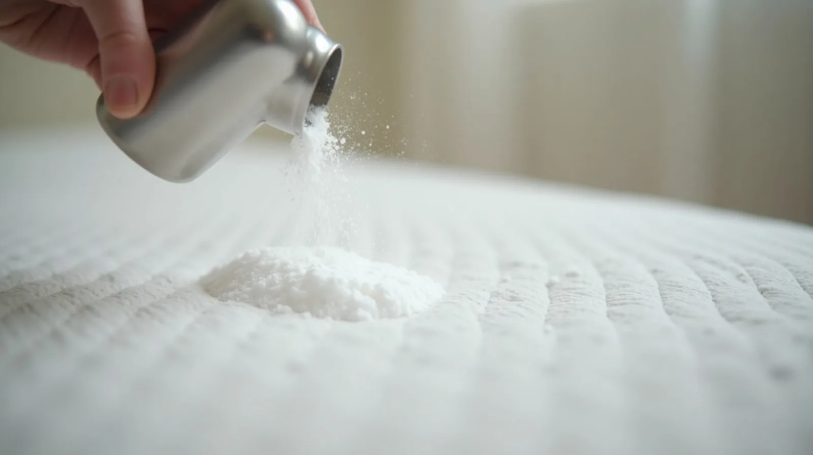 A close-up of baking soda being sprinkled across a bare mattress from a shaker