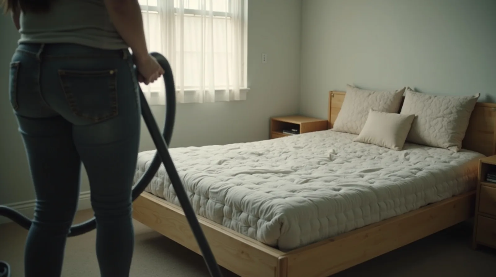A person from behind vacuuming the surface of a bare stripped mattress in a bright bedroom