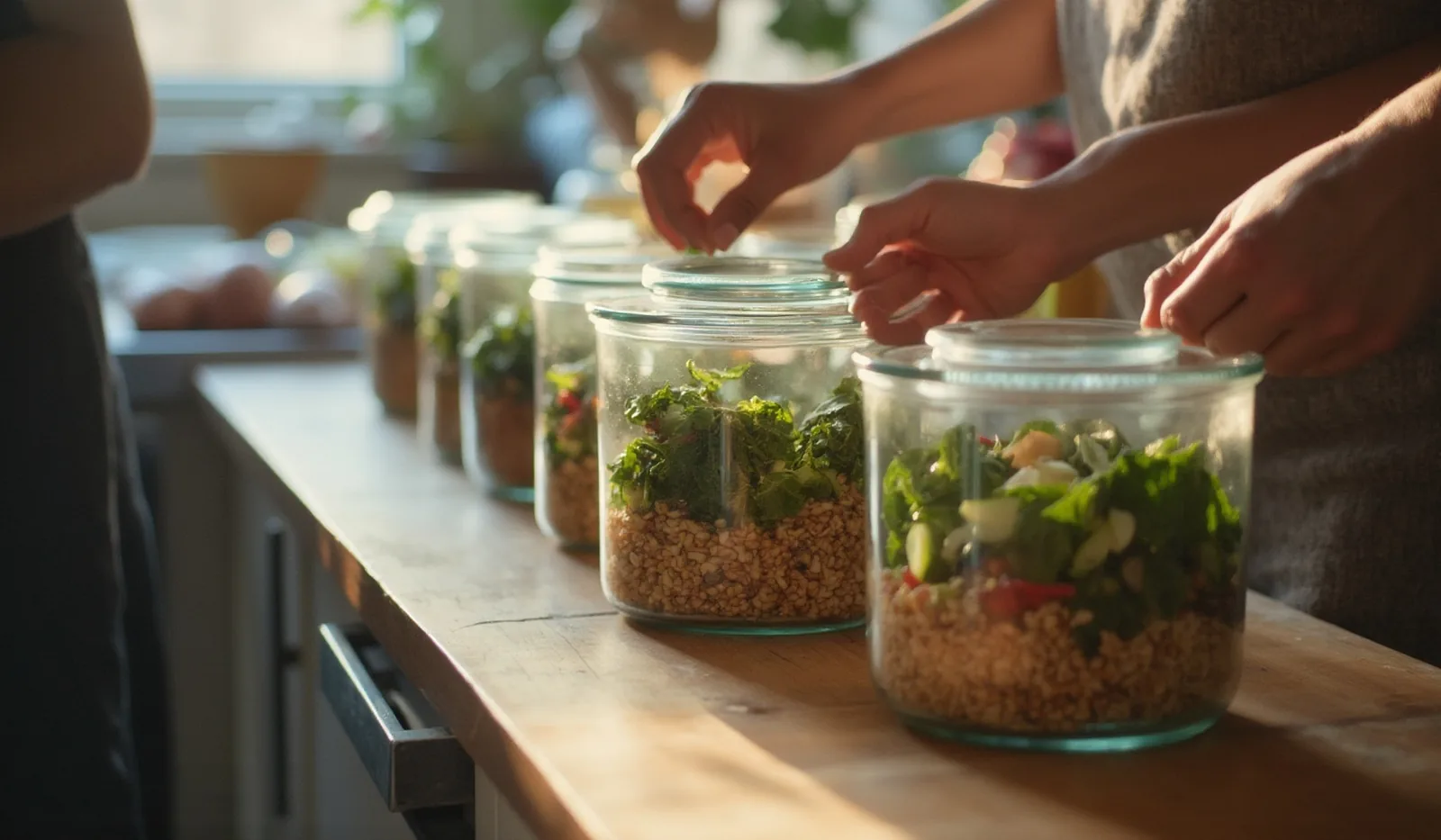 A row of glass containers of portioned food on a counter, hands sealing a lid
