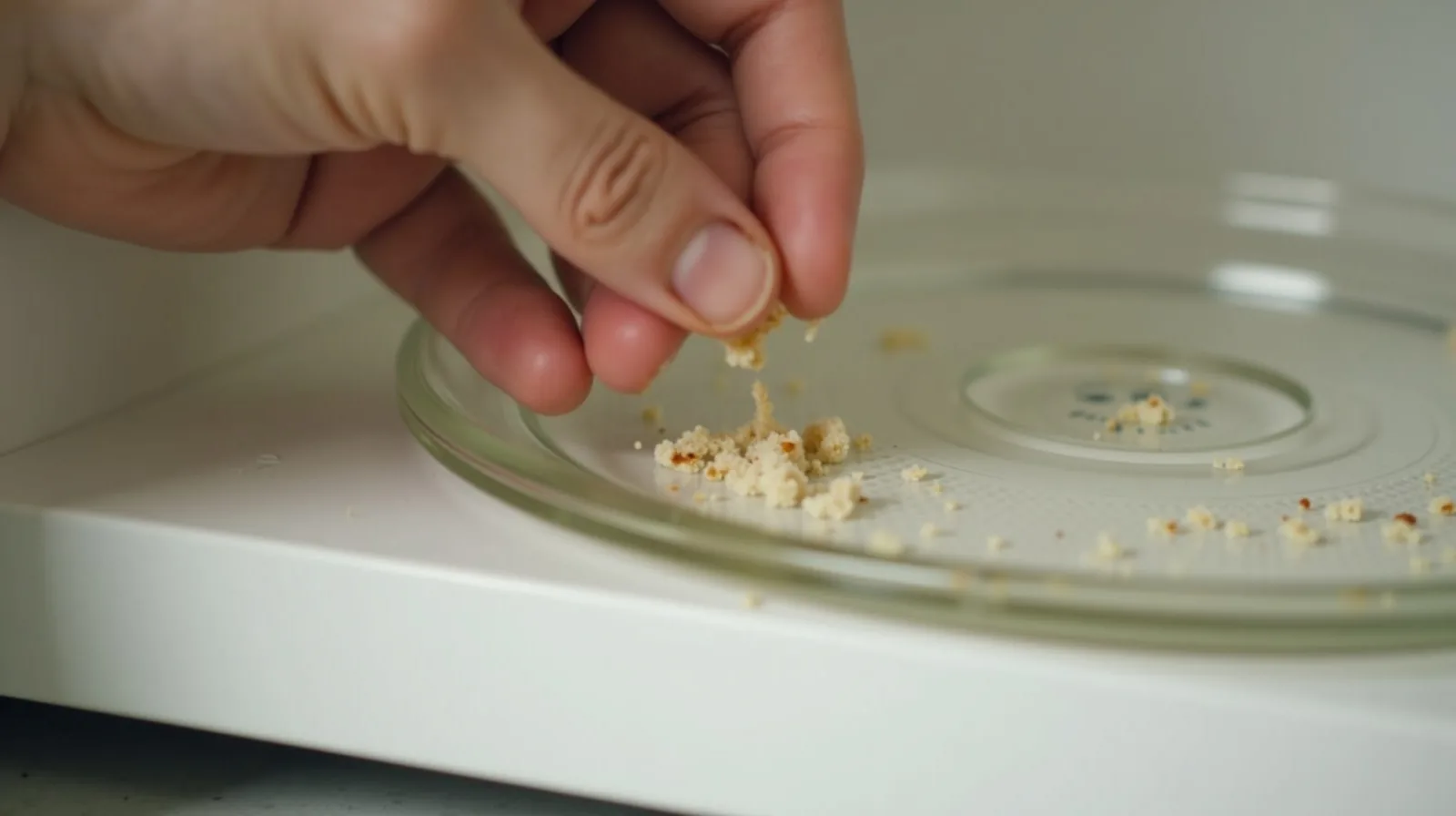 A close-up of a hand lifting a glass microwave turntable to reveal crumbs and splatter caught underneath