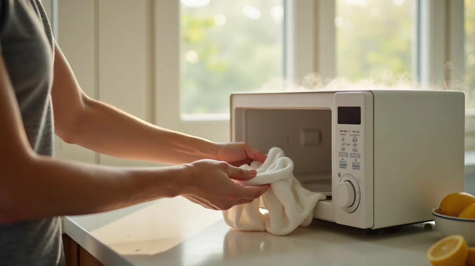 A person wiping the steam-softened interior of an open microwave with a cloth in a bright kitchen, a halved lemon and small bowl on the counter beside it