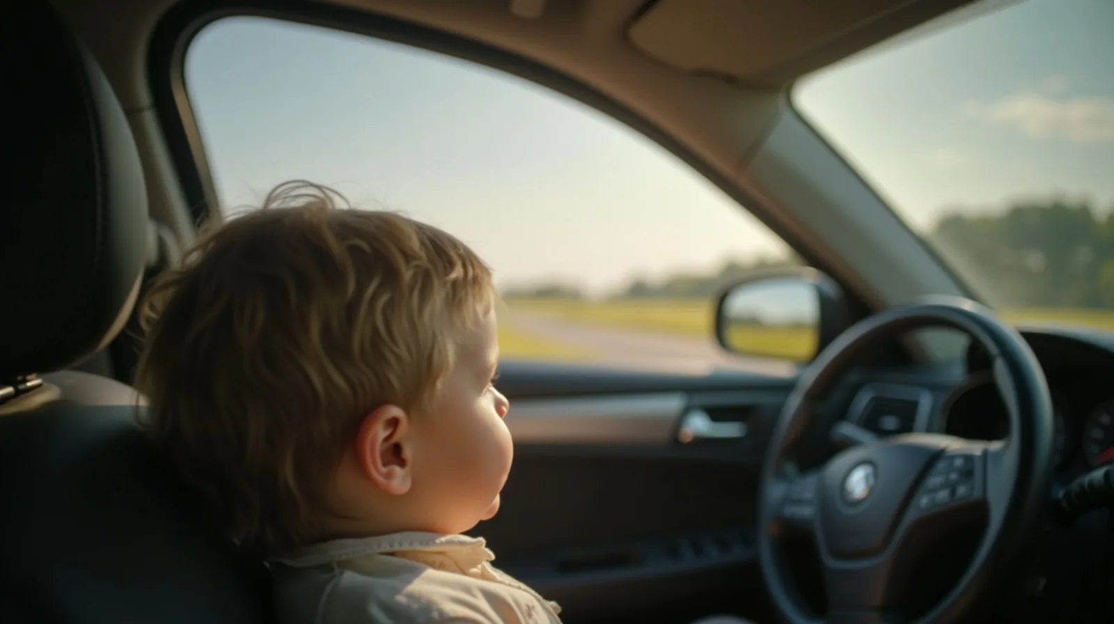 A child in the back seat of a car gazing calmly out the window at the horizon in profile