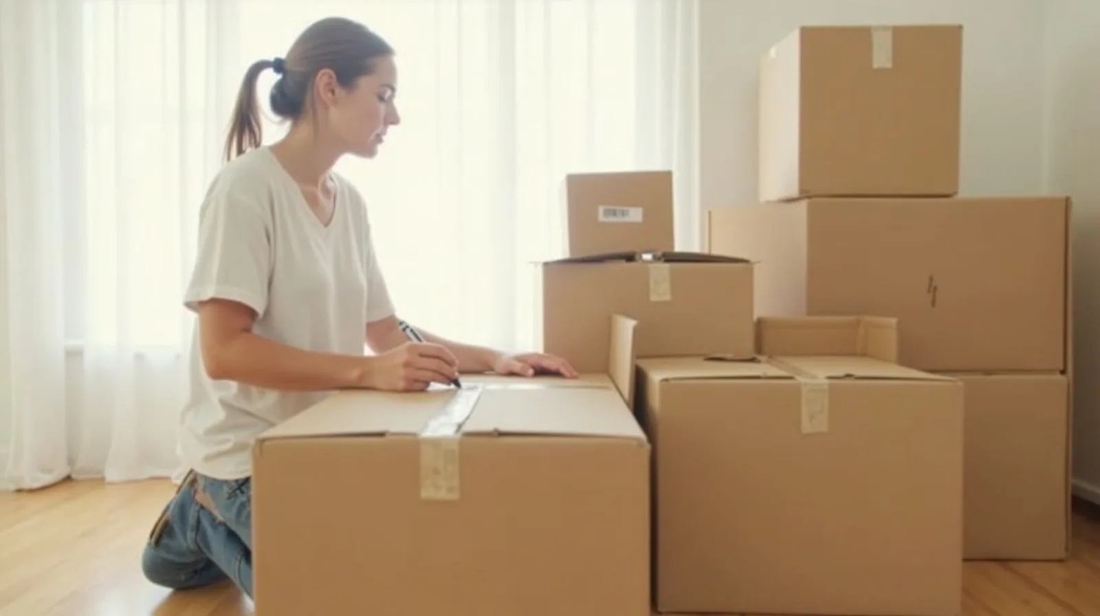 A person seen in profile writes on the side of a cardboard moving box with a marker, with a stack of labeled boxes around them in a bright nearly-empty room