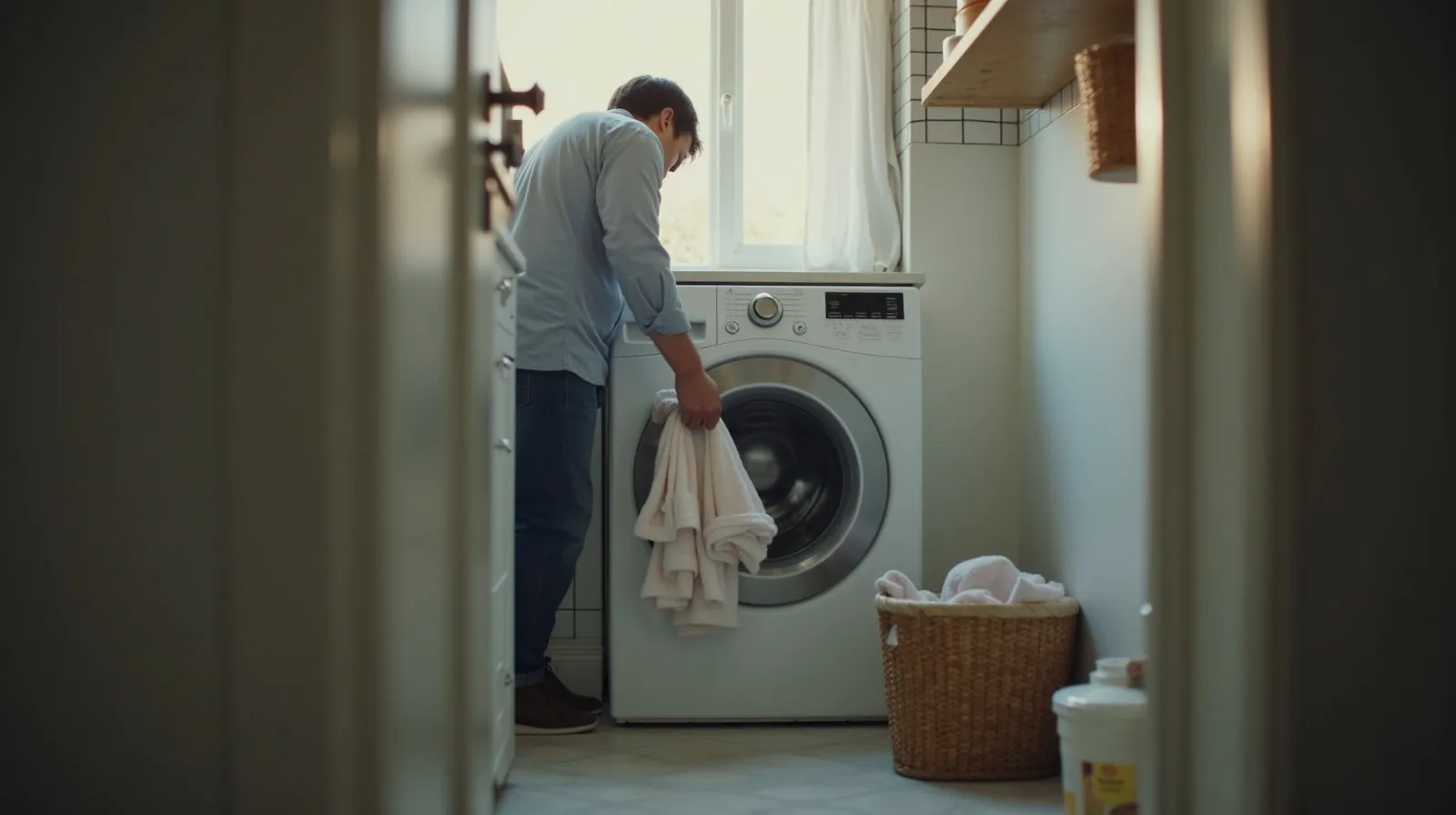 A person seen from behind pulling fluffy towels from an open front-loading washing machine in a laundry room