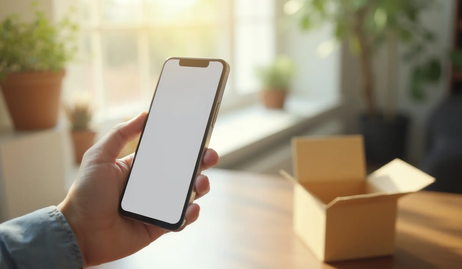 A hand holding an old smartphone with a generic blank settings screen, resting on a desk beside a padded shipping envelope and a small cardboard box, morning window light