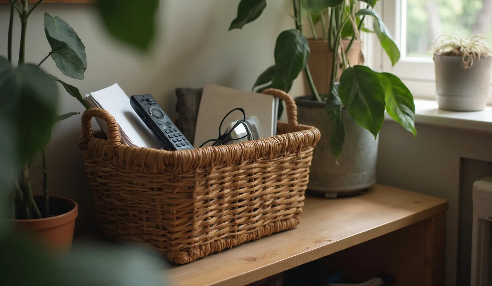 A woven basket on a shelf holding a few stray household items in a tidy living room