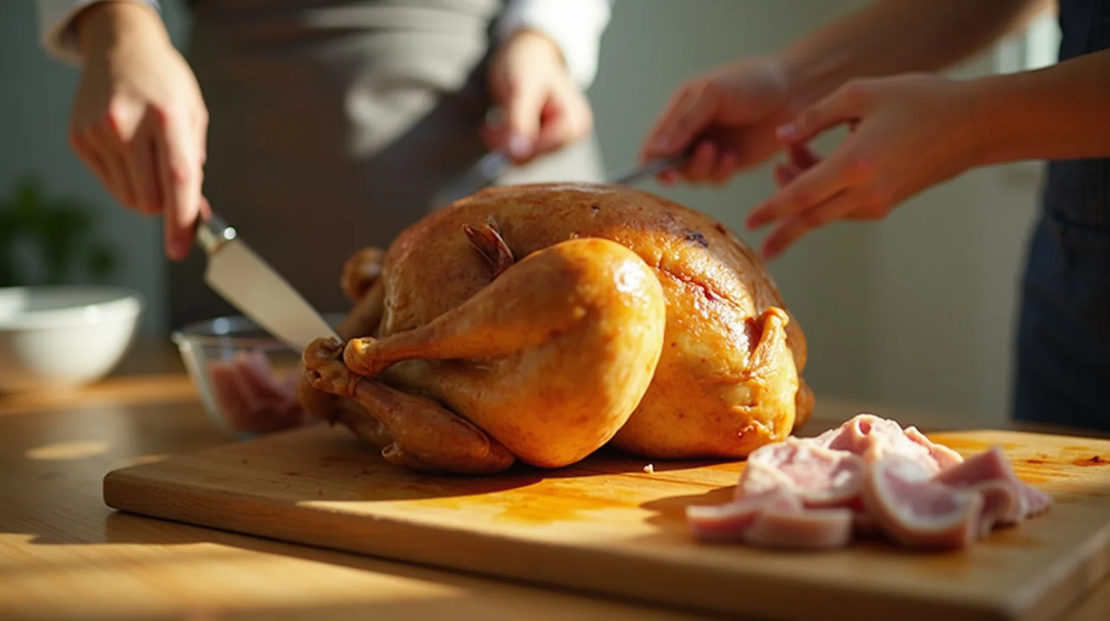 A whole roast chicken on a wooden board being carved, with some carved meat set aside in a glass container