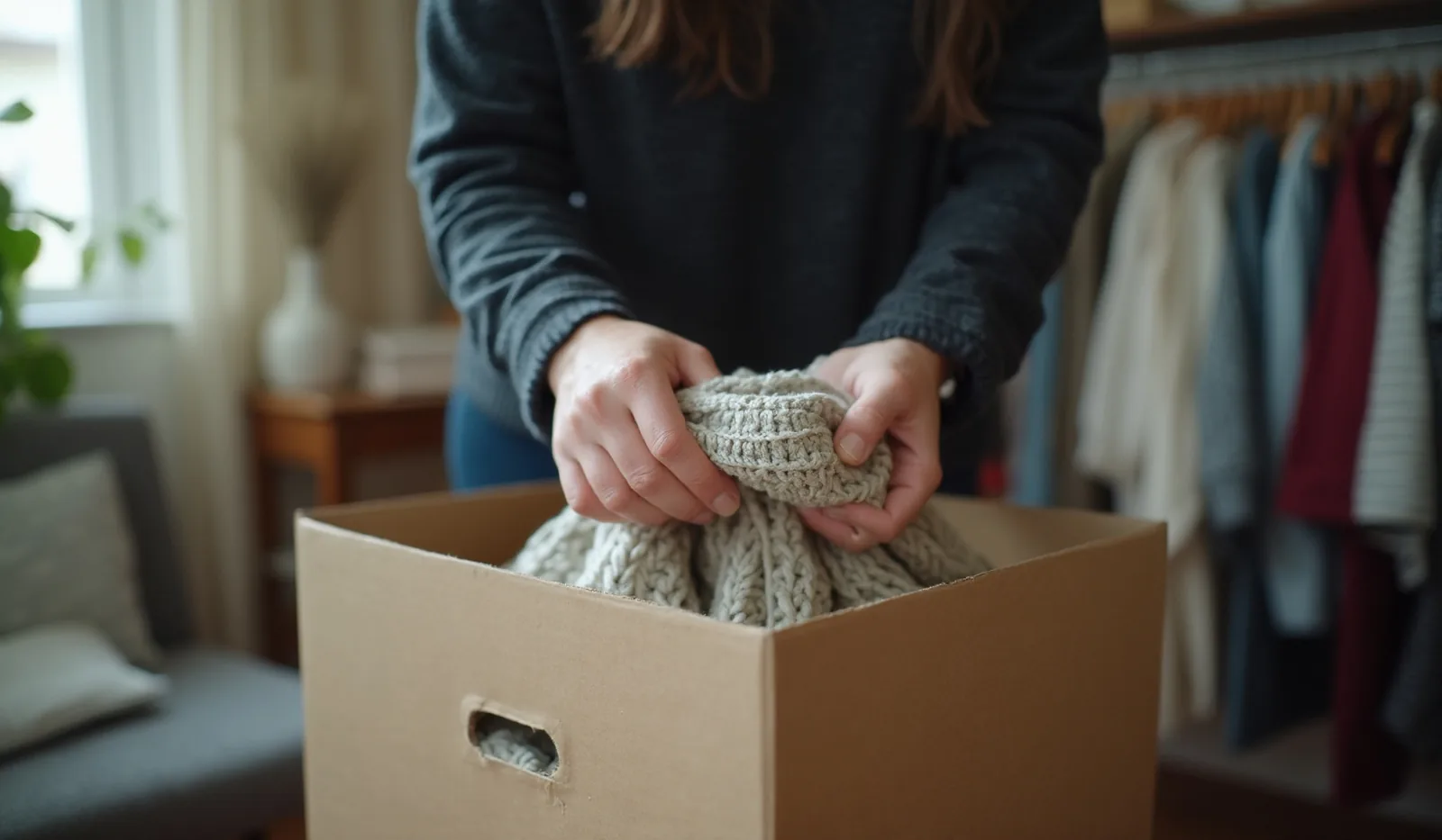 A hand placing a folded sweater into a donation box beside a closet rail of clothes