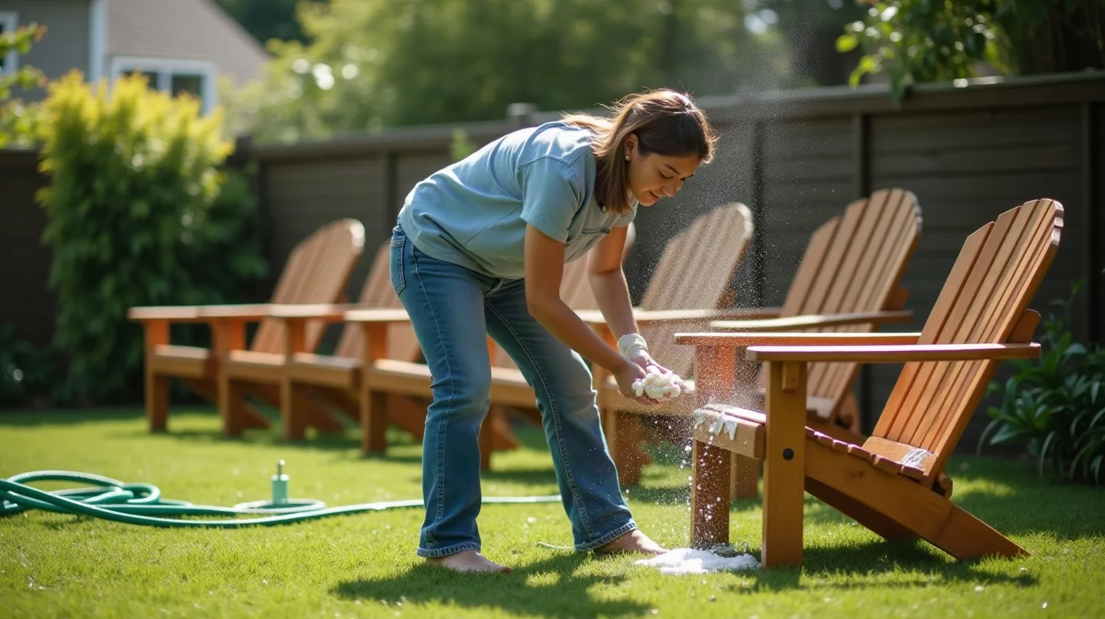 A person kneeling on a sunlit patio, cropped from the shoulders down, scrubbing the seat of a white resin outdoor chair with a soapy sponge, a bucket of sudsy water and a coiled garden hose nearby, a stack of folded outdoor cushions resting on a patio table in the background