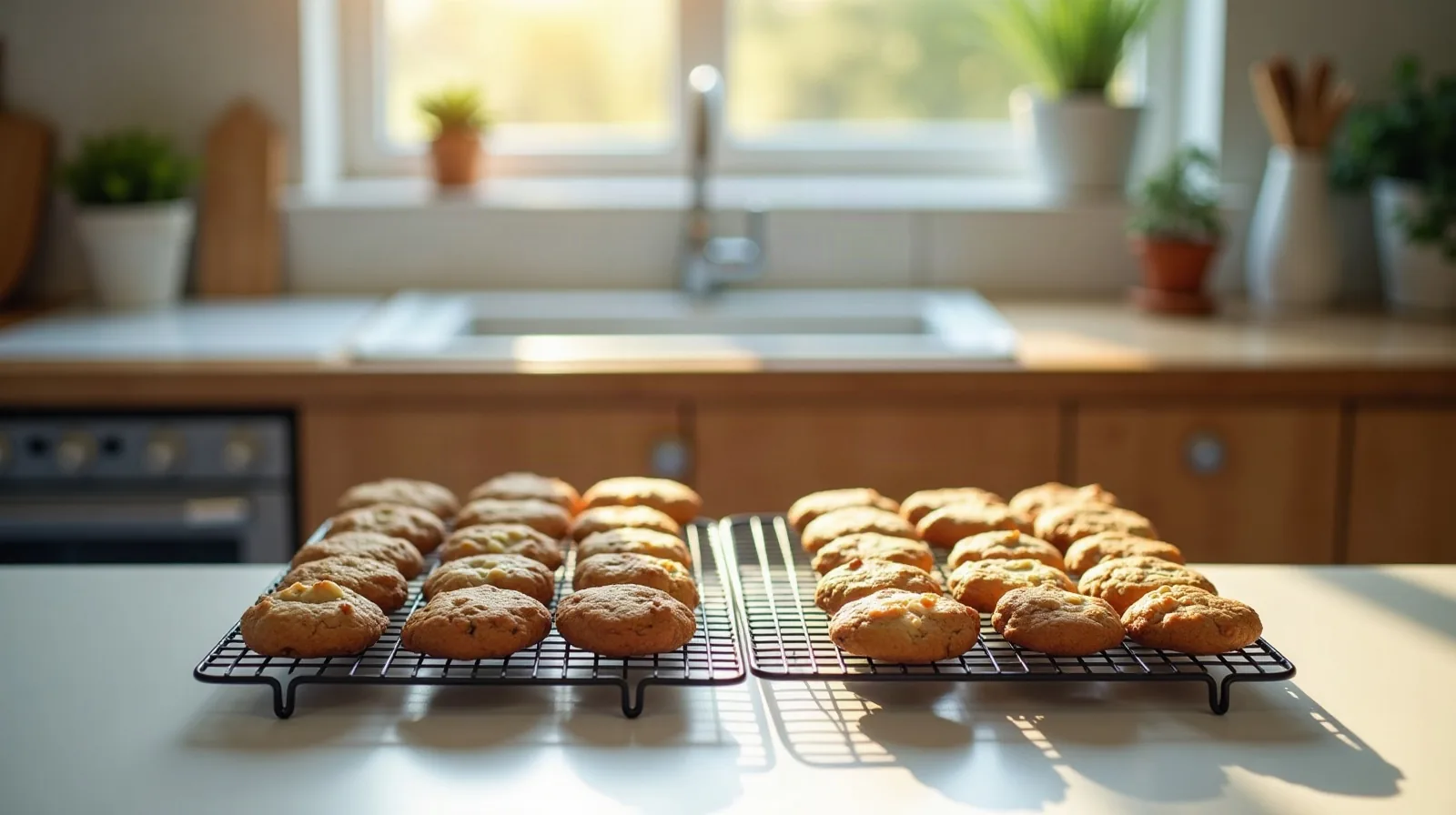 Two trays of baked cookies cooling on a wire rack in a bright kitchen, the cookies on one side noticeably darker and more browned than the cookies on the other side of the same tray