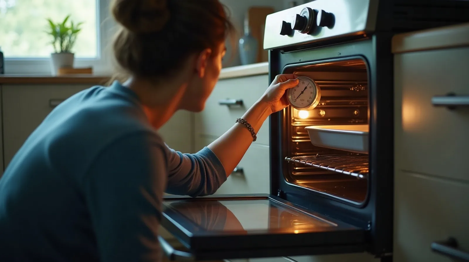 A person crouched in profile at an open oven door in a bright kitchen, hanging a metal dial oven thermometer from the center of the middle rack, the oven's interior light glowing, a stack of empty baking sheets waiting on the counter nearby