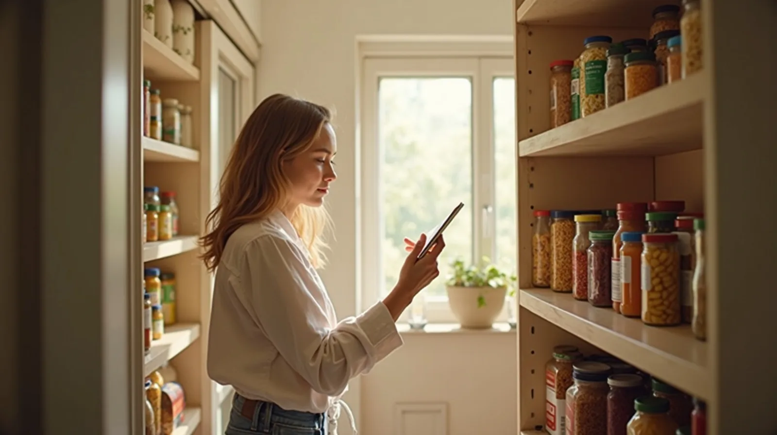 A person in profile taking stock of an open pantry of cans, pasta, and jars with a notepad in hand