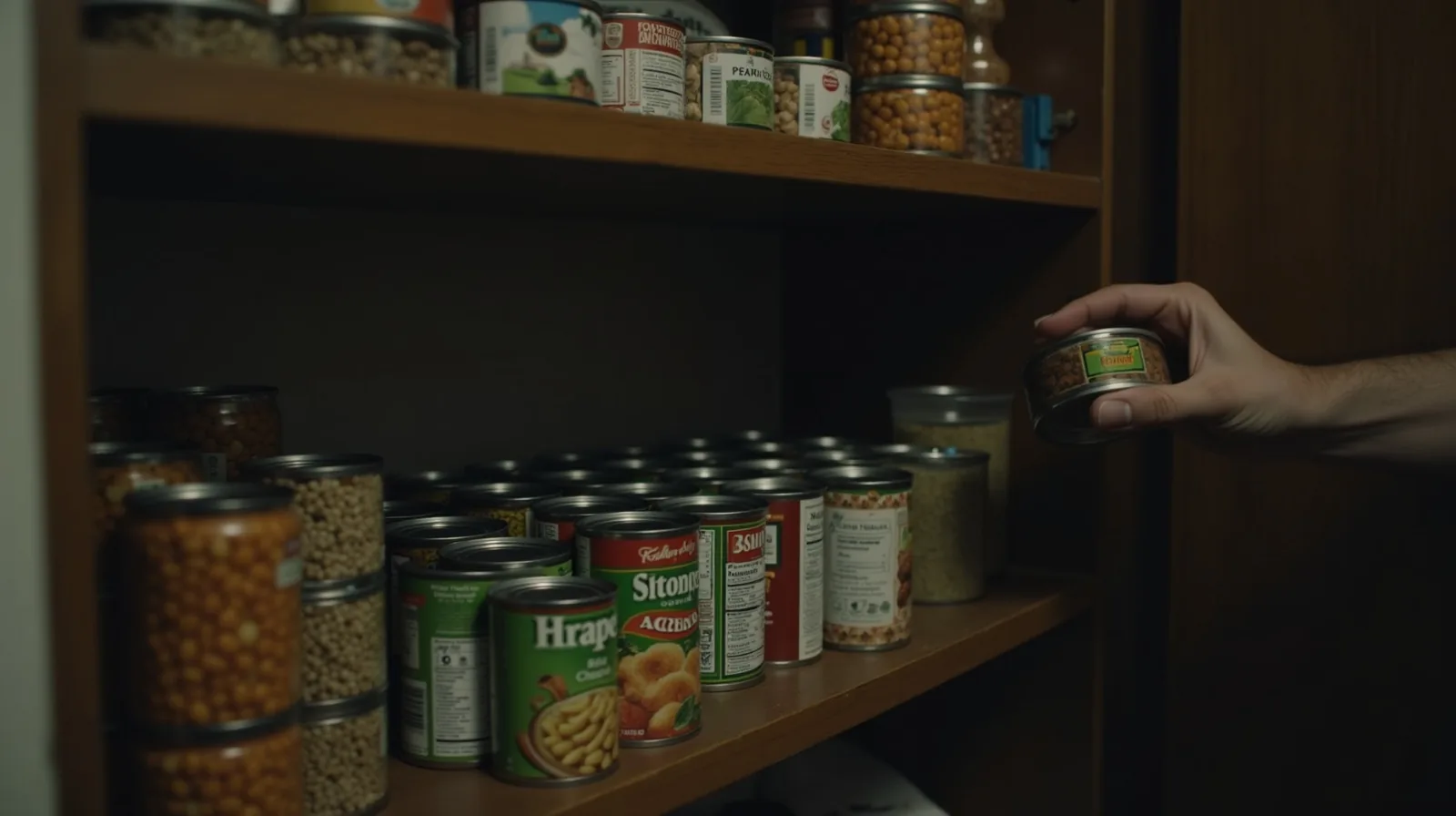 A tidy pantry shelf with canned goods lined up front-facing and clear labeled bins