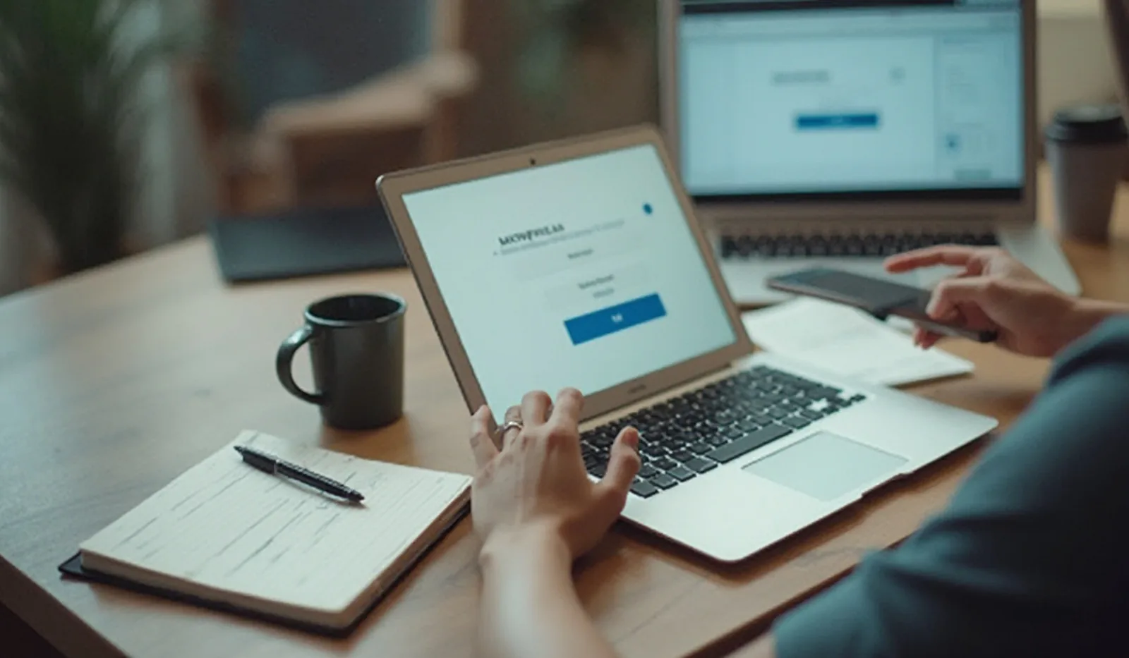 A candid photo of someone logging in on a laptop with a phone beside showing an autofill prompt