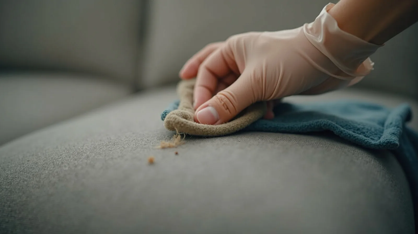 A hand in a damp rubber glove wiping a couch cushion, pet hair gathering into a clump