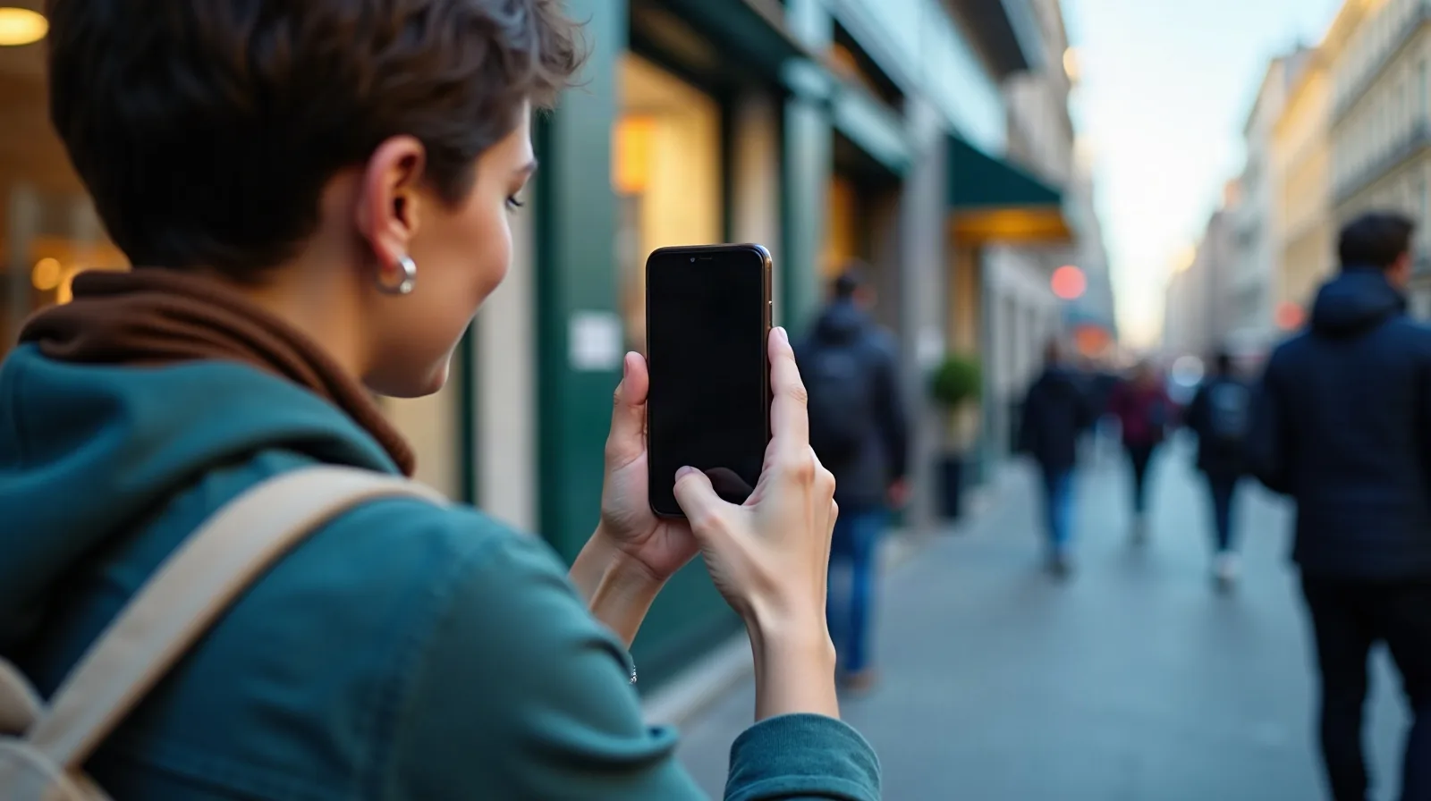 A person seen from behind and to the side on a city sidewalk, holding a phone up in both hands with a thumb resting against the dark screen, a tote bag strap over one shoulder, blurred storefronts and pedestrians in the background