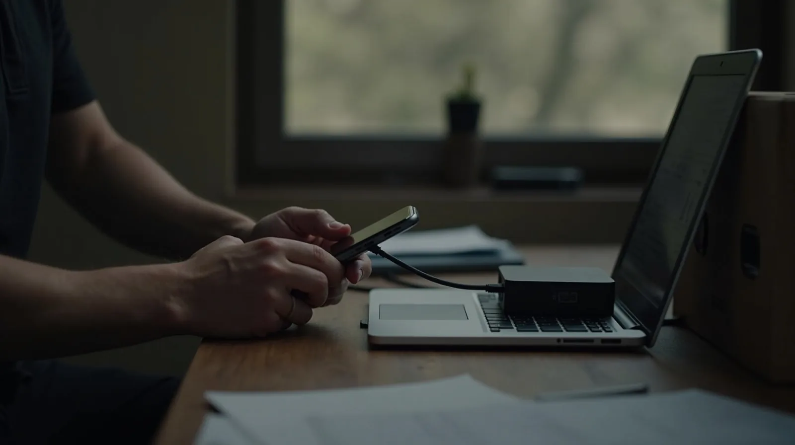 Hands connecting a phone to a laptop with a cable at a home desk, a small external hard drive resting beside it in daylight