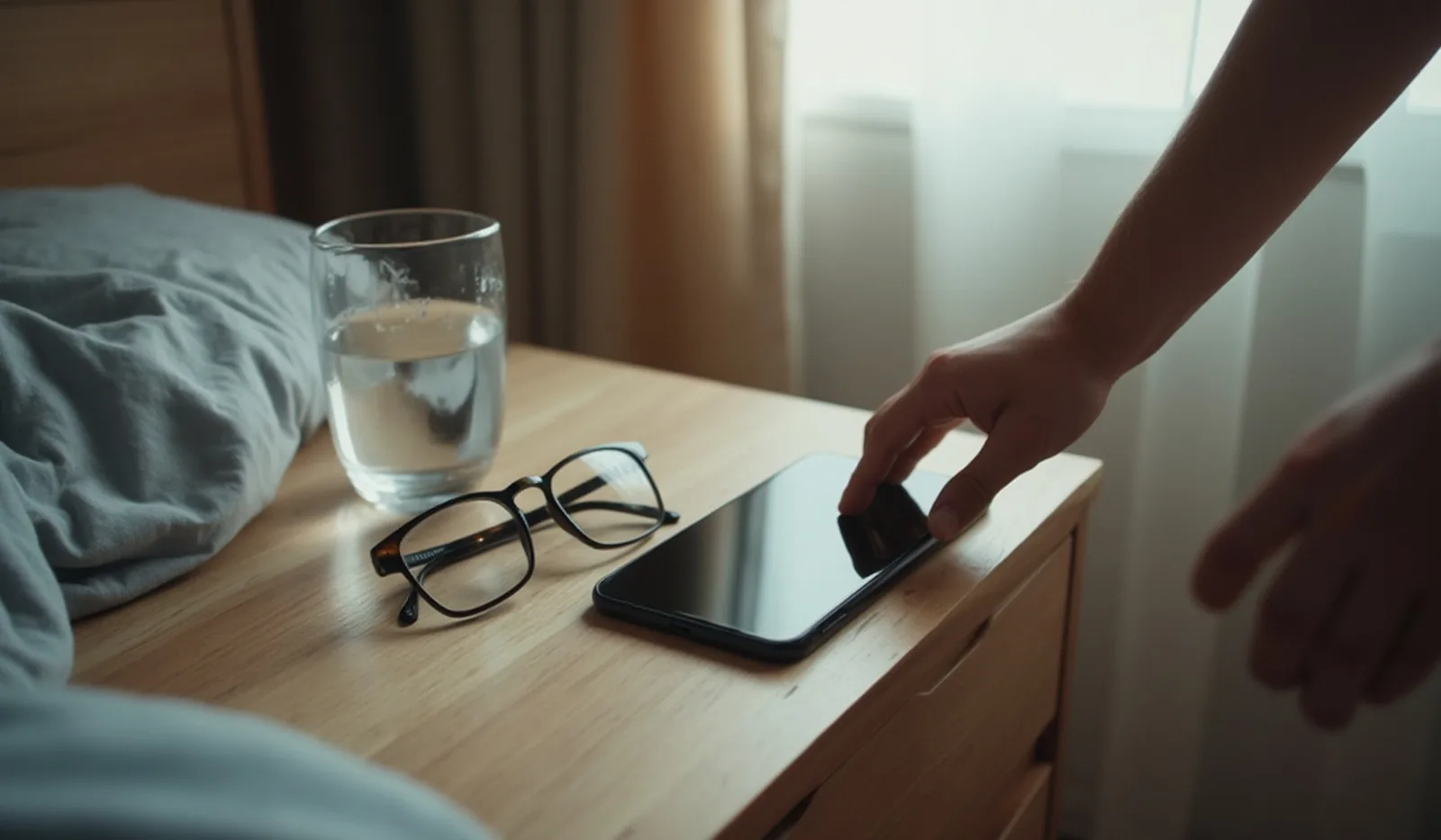A phone resting on a bedside table showing a lock screen, a hand reaching for it in morning light