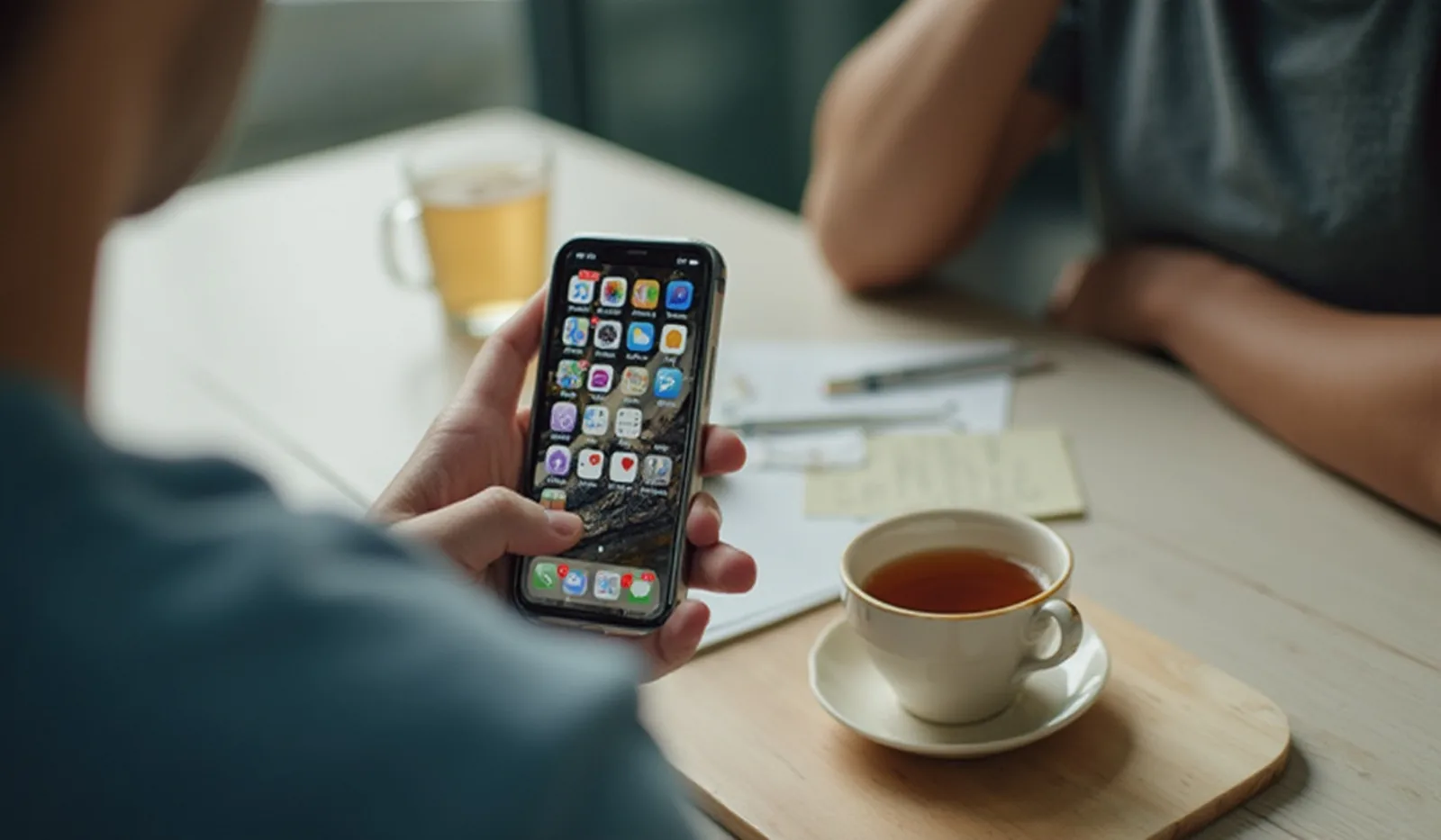 A candid photo of a phone held in one hand showing a generic apps screen, mid-tidy