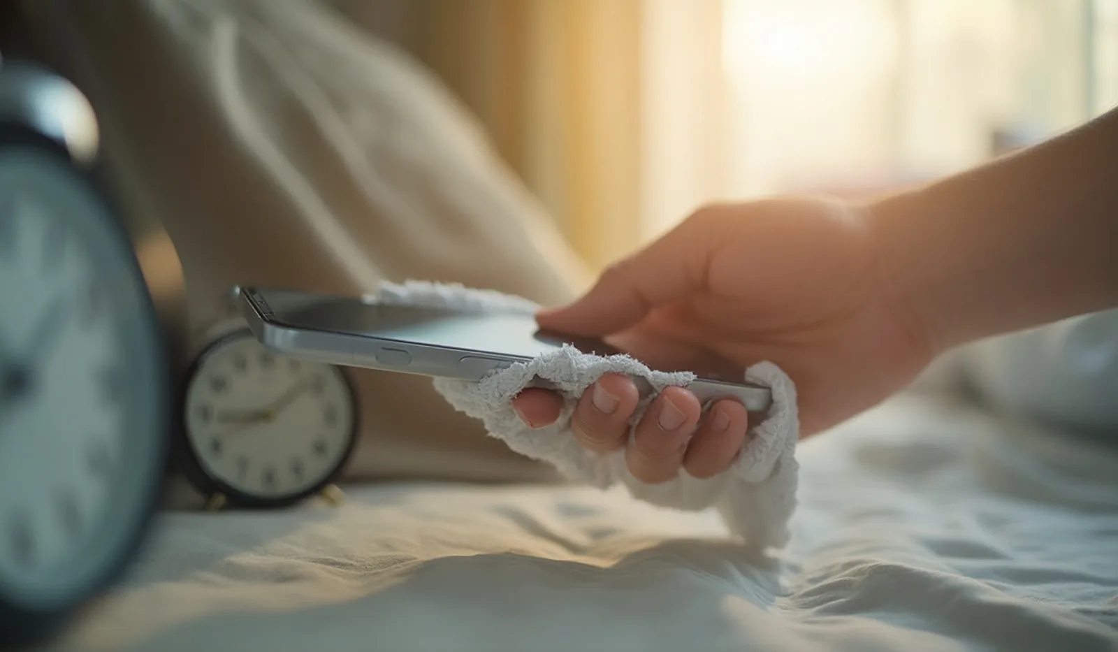 A hand lifting a smartphone off a bedside nightstand and wiping the screen with a folded microfiber cloth in soft morning light