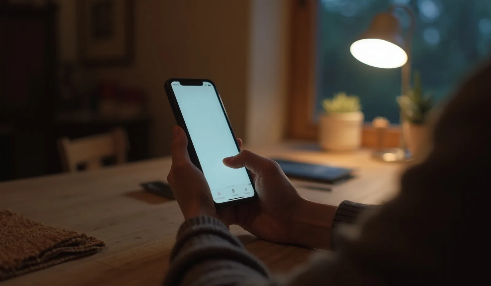 A phone held in one hand with the settings screen open, thumb mid-tap, at a kitchen table in the evening