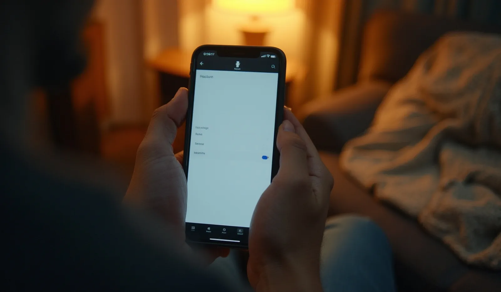 A phone held in one hand showing a generic storage screen, thumb scrolling, on a couch in the evening