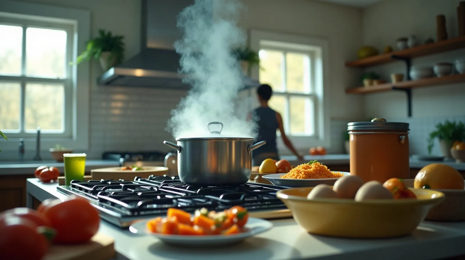 A person in profile at a sunlit kitchen counter, turning the steam-release valve on a stovetop pressure cooker as a thin plume of steam rises, a stack of measuring cups and a folded oven mitt nearby